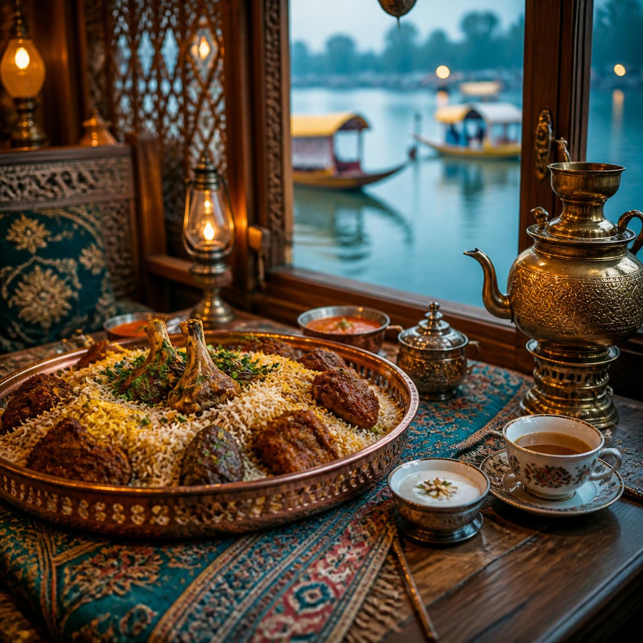 Kashmiri wazwan platter and brass samovar on a restaurant table overlooking Dal Lake
