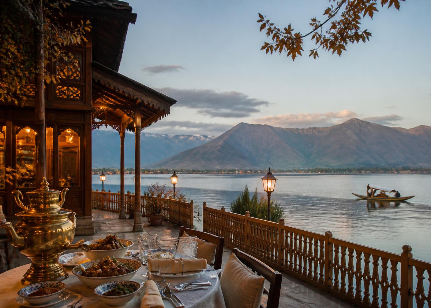 Kashmir lakeside hotel restaurant overlooking Dal Lake